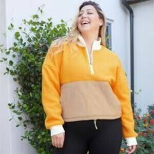 Fabletics Mallory Fleece Colorblock Crop Half Zip Pullover Sweatshirt Yellow XXS